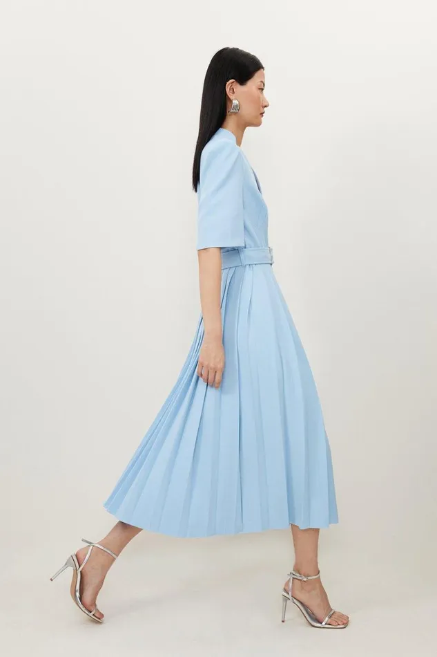 Dresses Women Karen Millen Structured Crepe Forever Pleated Midi Dress Pale Blue