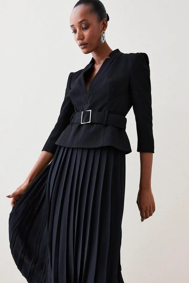 Dresses Women Karen Millen Structured Crepe Forever Soft Pleated Midi Dress Black