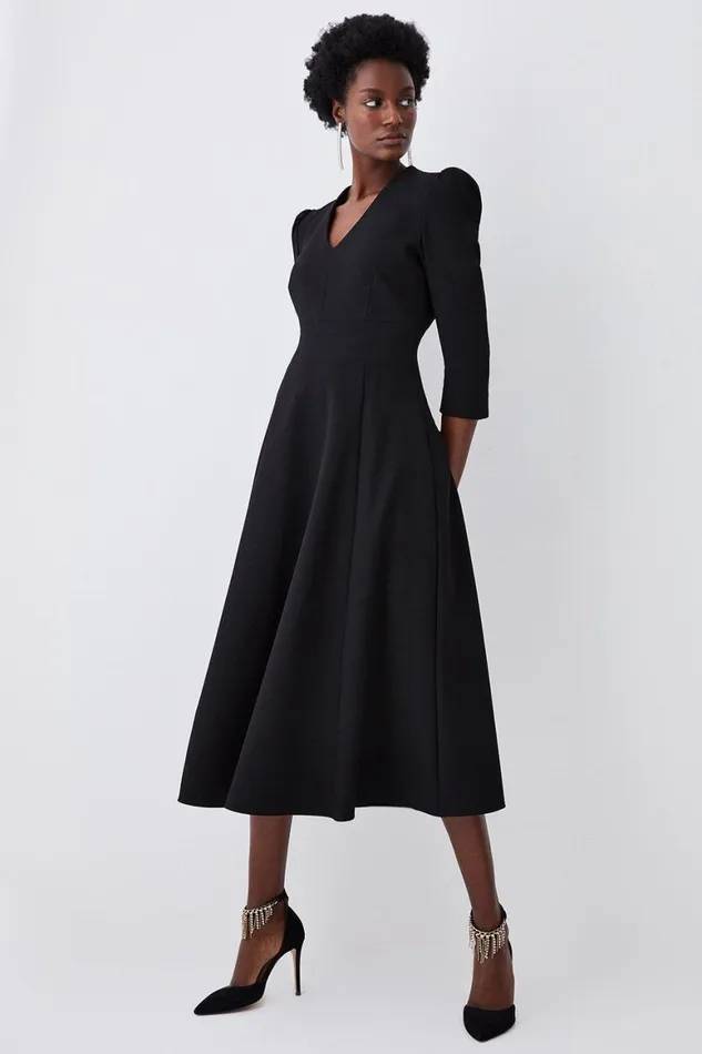 Dresses Women Karen Millen Structured Crepe Tailored Full Skirted Midi Dress Black