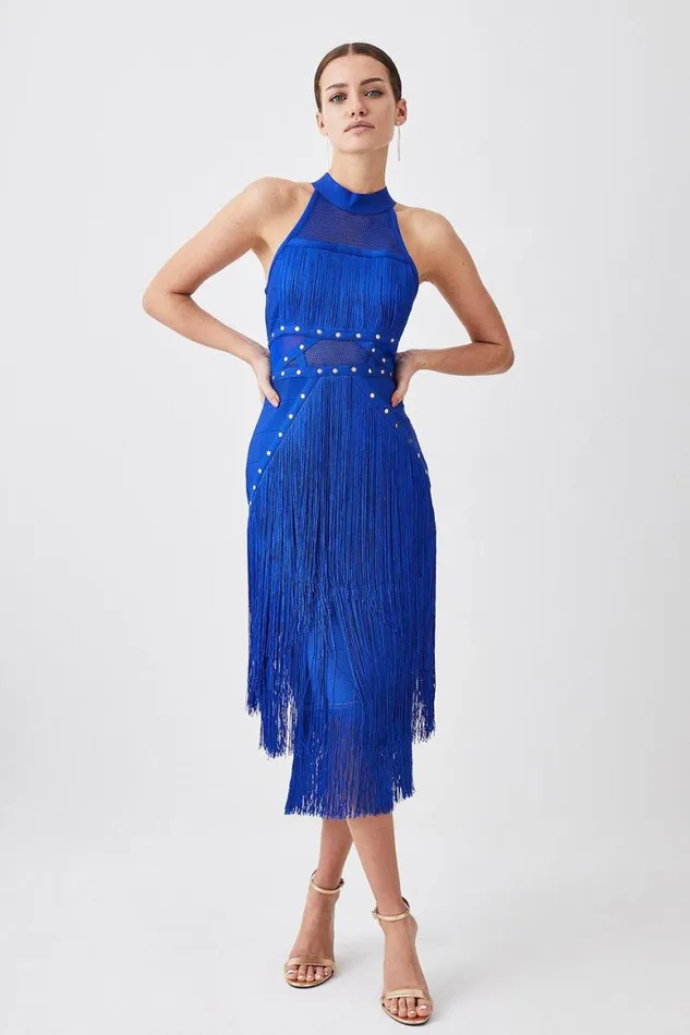 Dresses Women Karen Millen Studded Fringe Mesh Insert Knit Halterneck Bandage Midi Dress Cobalt Dresses Women Karen Millen Studded Fringe Mesh Insert Knit Halterneck Bandage Midi Dress Cobalt