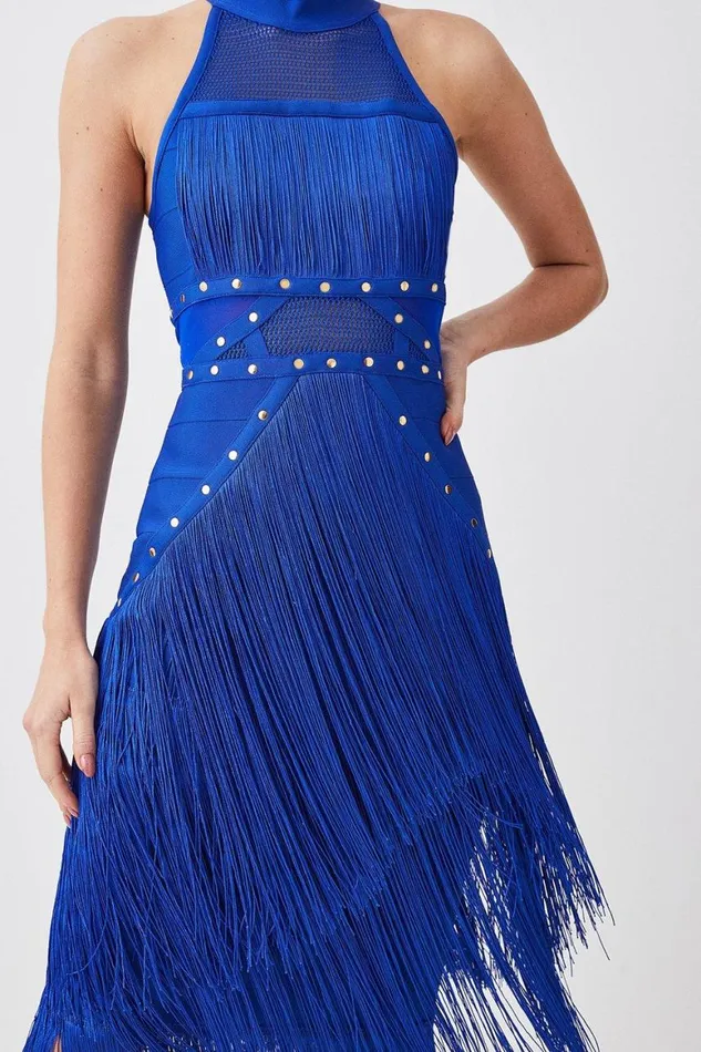 Dresses Women Karen Millen Studded Fringe Mesh Insert Knit Halterneck Bandage Midi Dress Cobalt