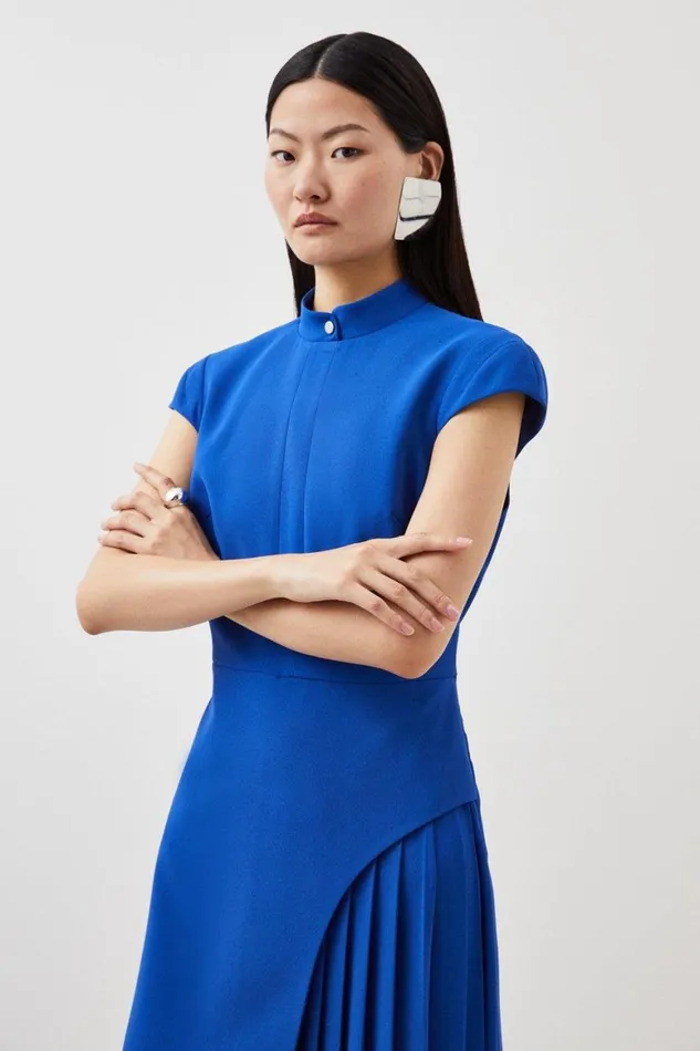 Dresses Women Karen Millen Tailored Crepe High Neck Side Pleat Detail Midi Dress Cobalt