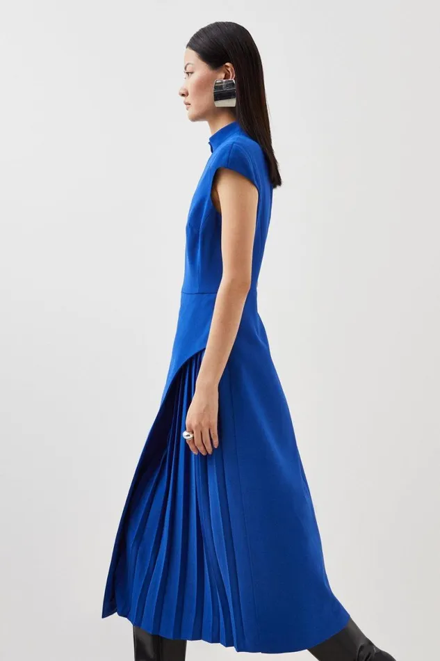 Dresses Women Karen Millen Tailored Crepe High Neck Side Pleat Detail Midi Dress Cobalt