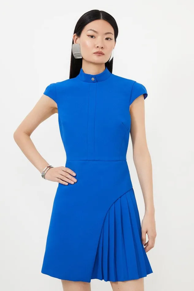 Dresses Women Karen Millen Tailored Crepe High Neck Side Pleat Detail Mini Dress Cobalt