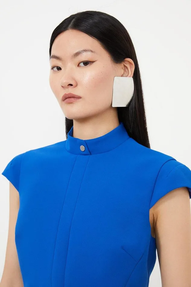 Dresses Women Karen Millen Tailored Crepe High Neck Side Pleat Detail Mini Dress Cobalt