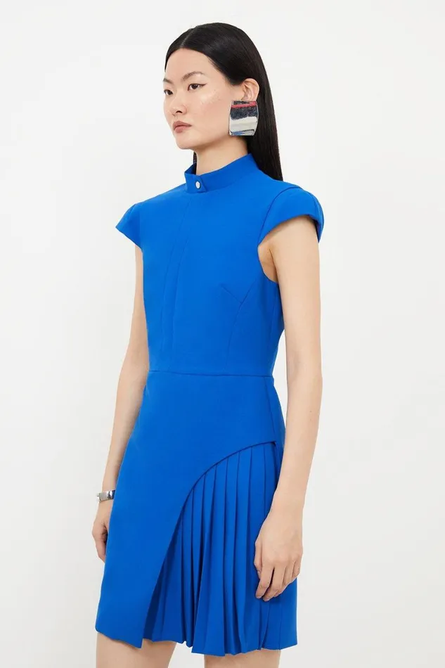 Dresses Women Karen Millen Tailored Crepe High Neck Side Pleat Detail Mini Dress Cobalt