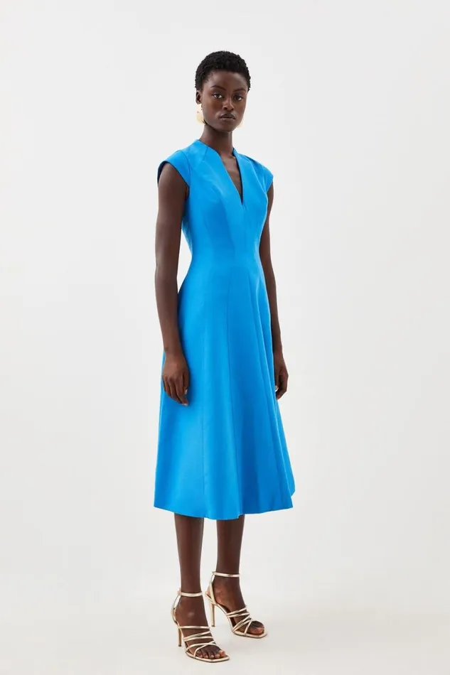 Dresses Women Karen Millen Tailored Seam Detail High Neck Full Skirt Midi Dress Blue
