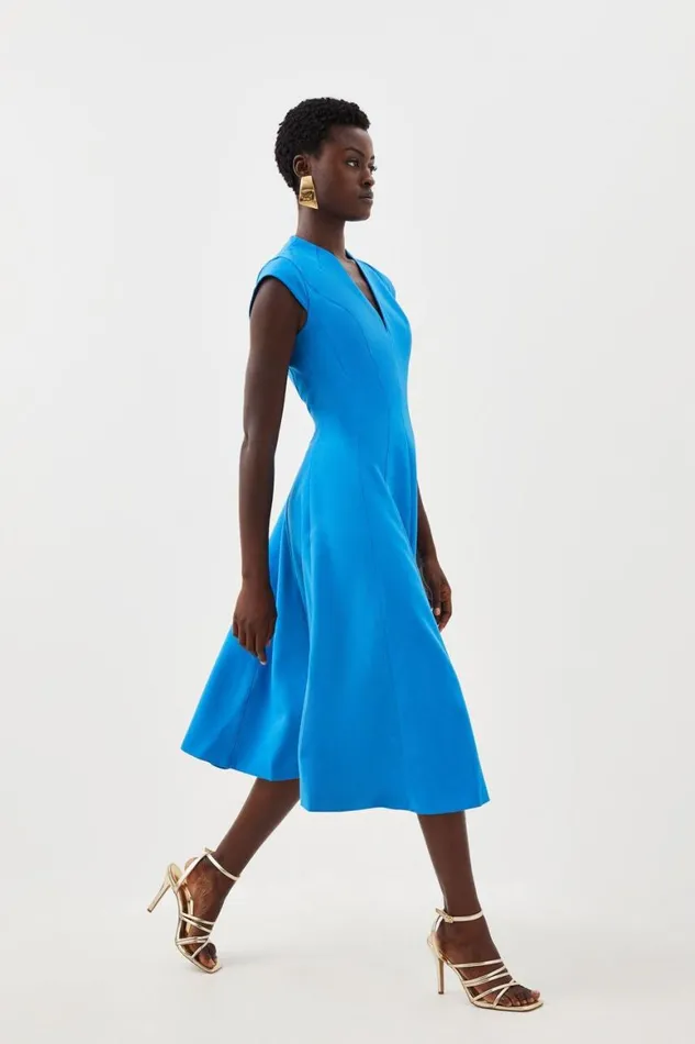 Dresses Women Karen Millen Tailored Seam Detail High Neck Full Skirt Midi Dress Blue