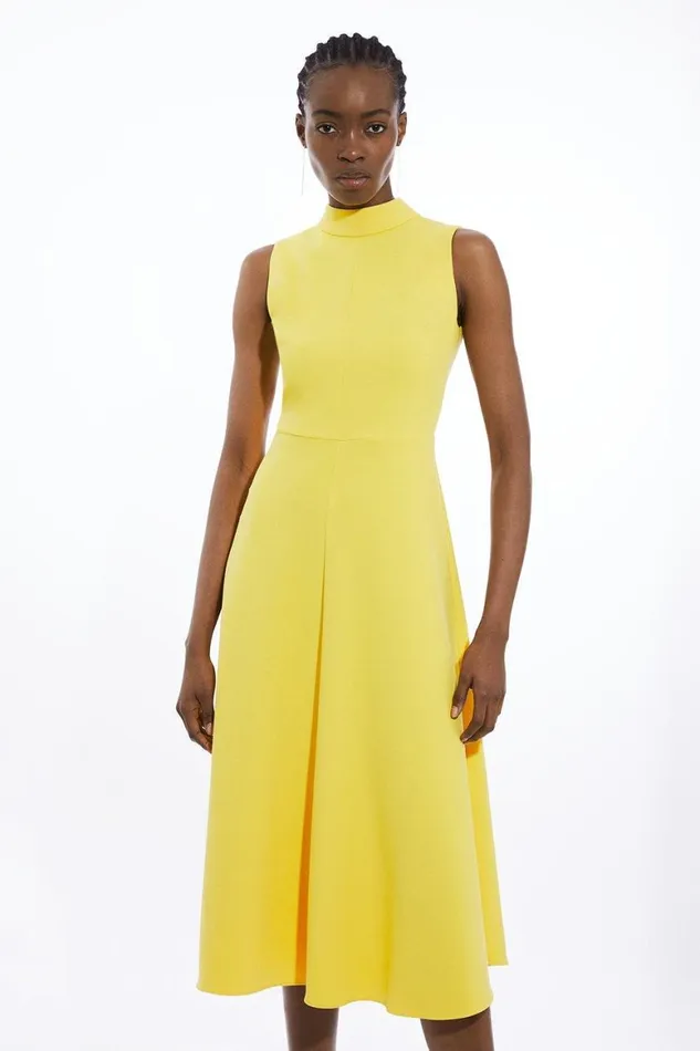 Dresses Women Karen Millen Tailored Stretch High Neck Tie Detail Midi Dress Yellow