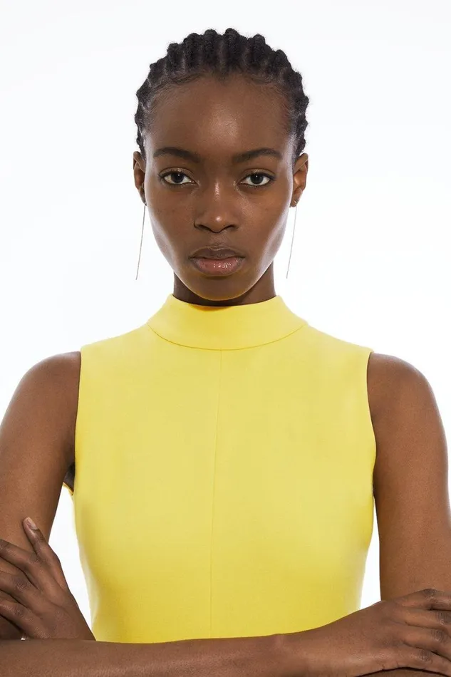 Dresses Women Karen Millen Tailored Stretch High Neck Tie Detail Midi Dress Yellow