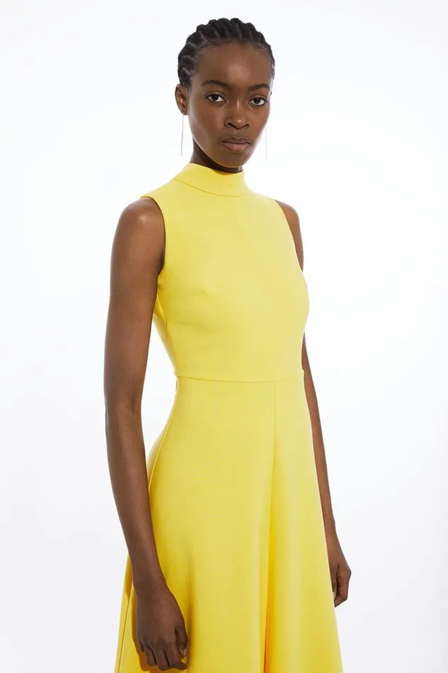 Dresses Women Karen Millen Tailored Stretch High Neck Tie Detail Midi Dress Yellow