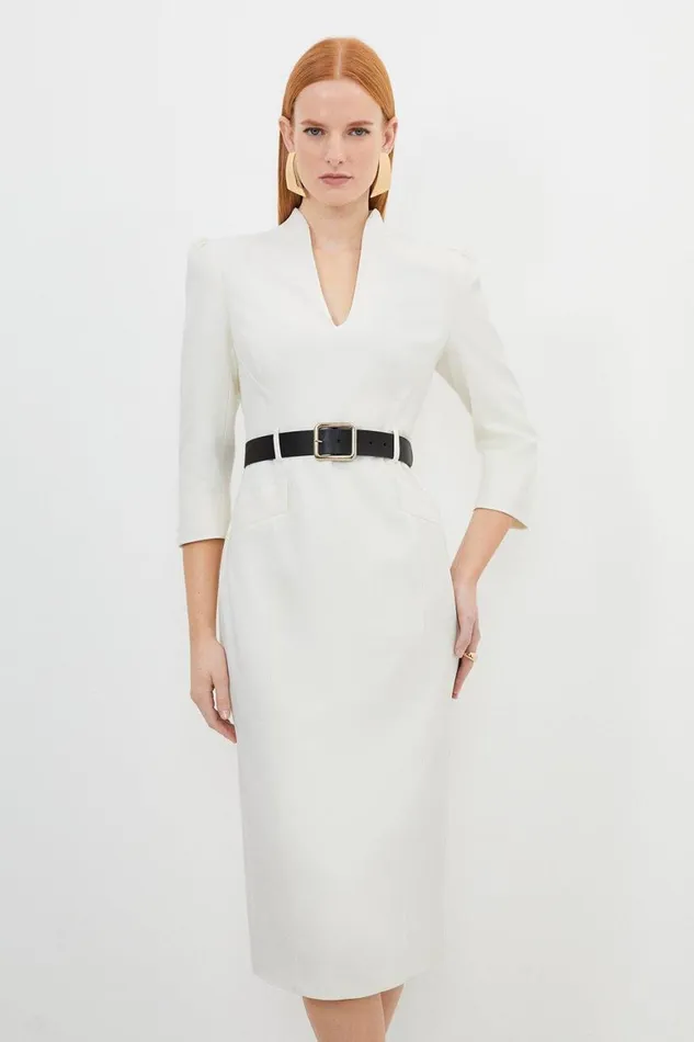 Dresses Women Karen Millen Tailored Structured Crepe High Neck Belted Pencil Dress Ivory Dresses Women Karen Millen Tailored Structured Crepe High Neck Belted Pencil Dress Ivory
