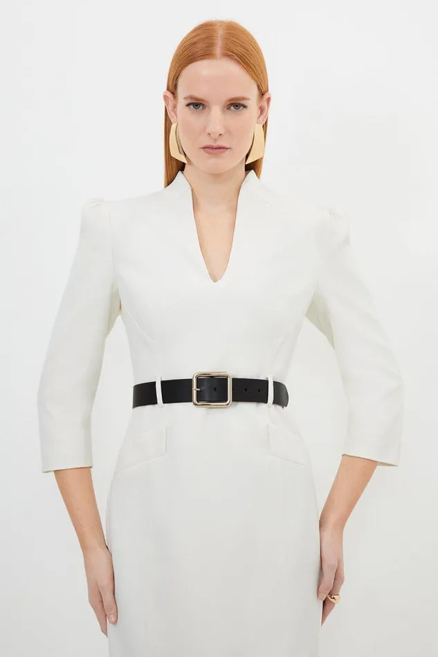 Dresses Women Karen Millen Tailored Structured Crepe High Neck Belted Pencil Dress Ivory