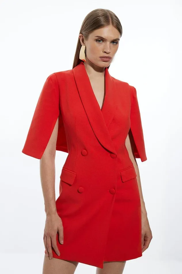 Dresses Women Karen Millen Tall Compact Stretch Tailored Tuxedo Cape Sleeve Mini Blazer Dress Red
