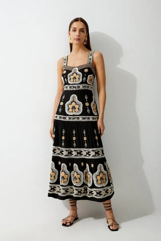 Dresses Women Karen Millen Tall Linen Embroidered Strappy Woven Maxi Dress Black