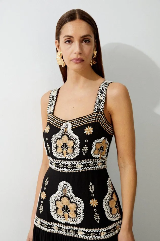 Dresses Women Karen Millen Tall Linen Embroidered Strappy Woven Maxi Dress Black