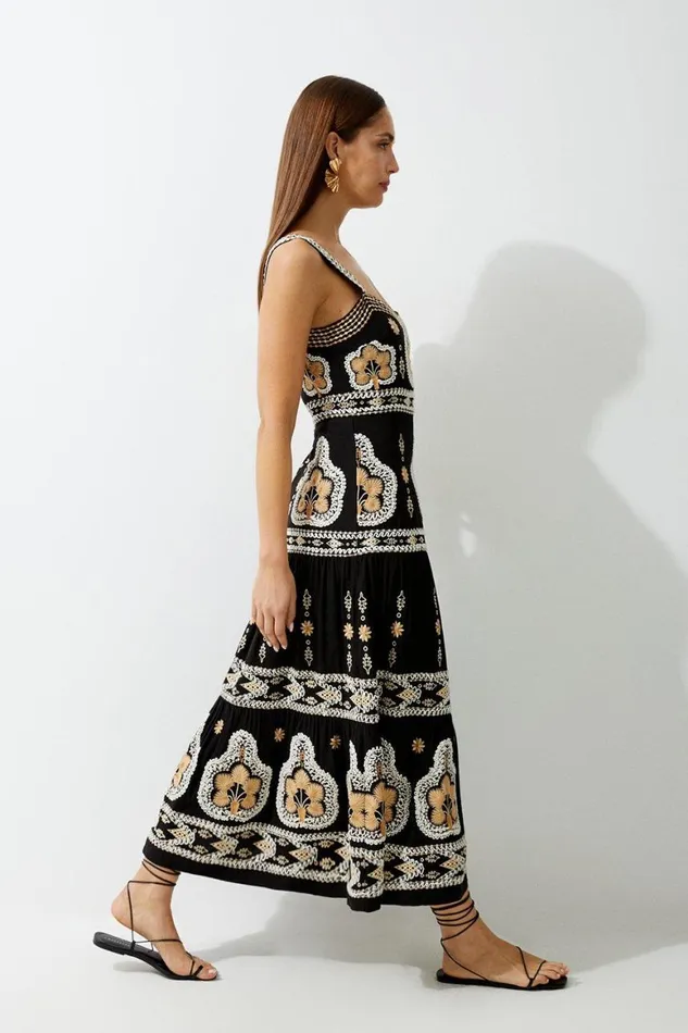 Dresses Women Karen Millen Tall Linen Embroidered Strappy Woven Maxi Dress Black