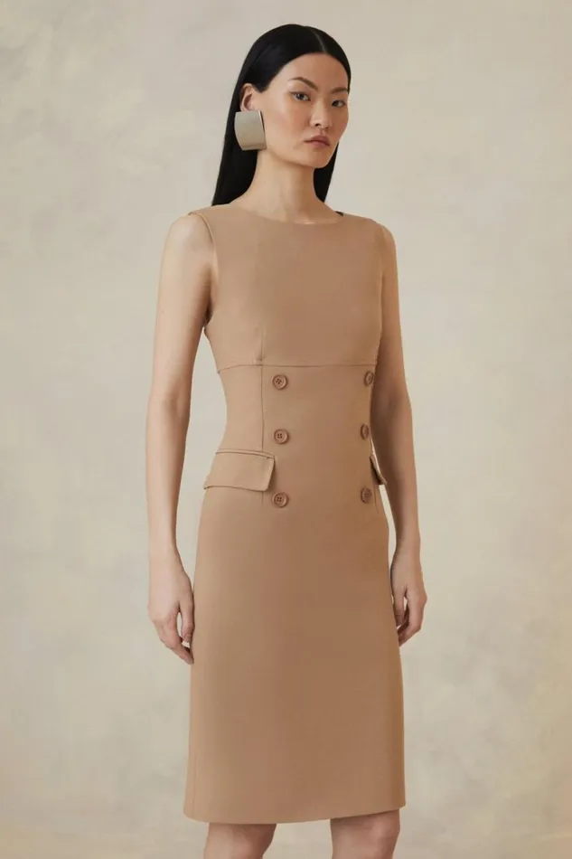 Dresses Women Karen Millen The Founder Compact Stretch Button Detail Woven Midi Dress Camel
