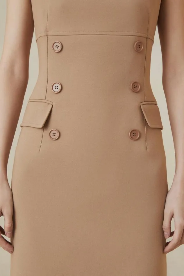 Dresses Women Karen Millen The Founder Compact Stretch Button Detail Woven Midi Dress Camel