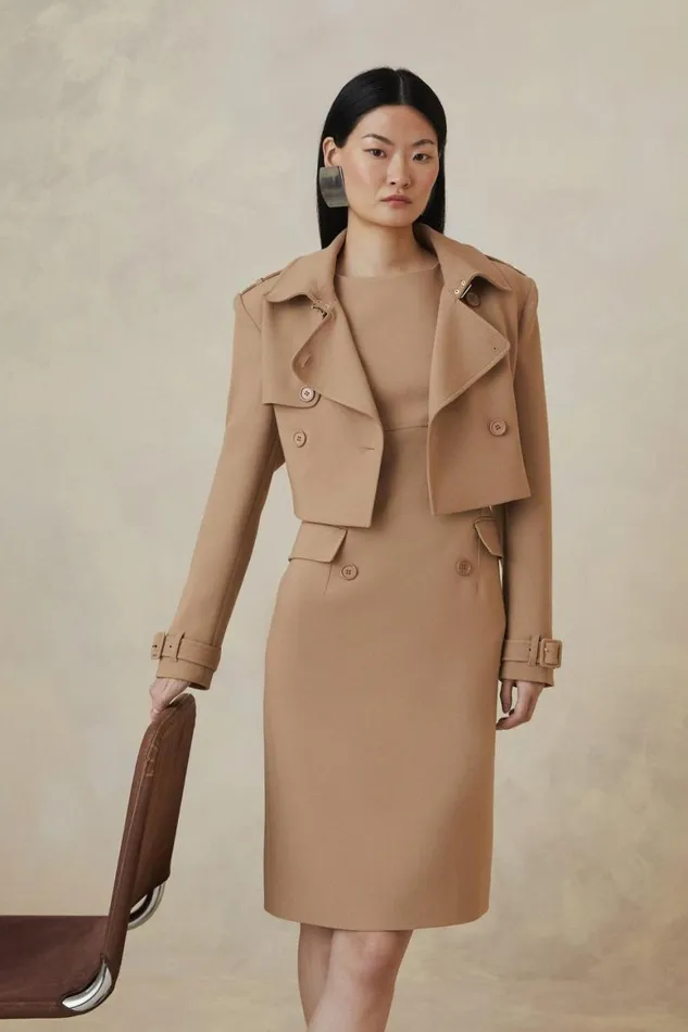 Dresses Women Karen Millen The Founder Compact Stretch Button Detail Woven Midi Dress Camel