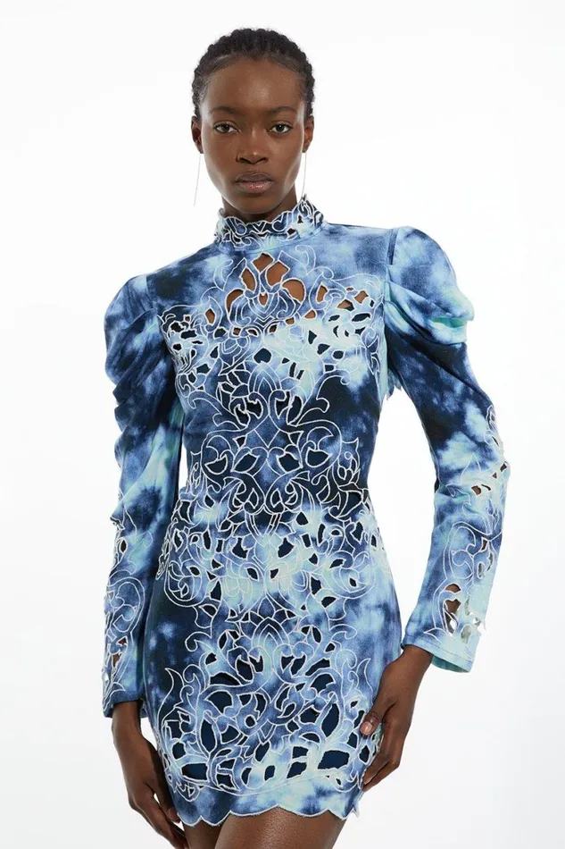 Dresses Women Karen Millen Tie Dye Cutwork Cotton Linen Woven Drama Sleeve Dress Blue