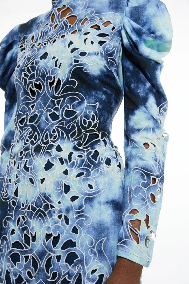 Dresses Women Karen Millen Tie Dye Cutwork Cotton Linen Woven Drama Sleeve Dress Blue