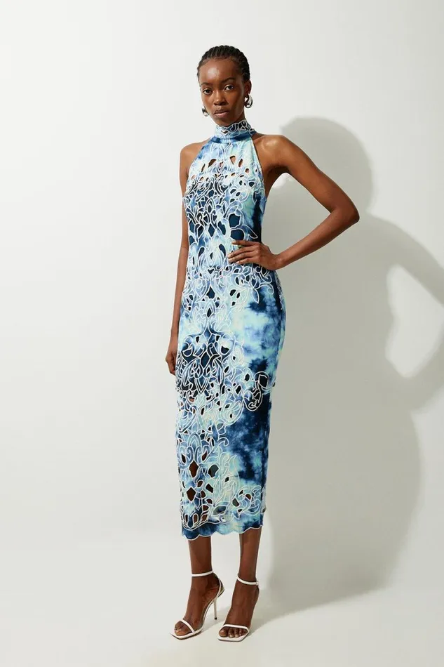 Dresses Women Karen Millen Tie Dye Cutwork Twill Woven Halter Midi Blue