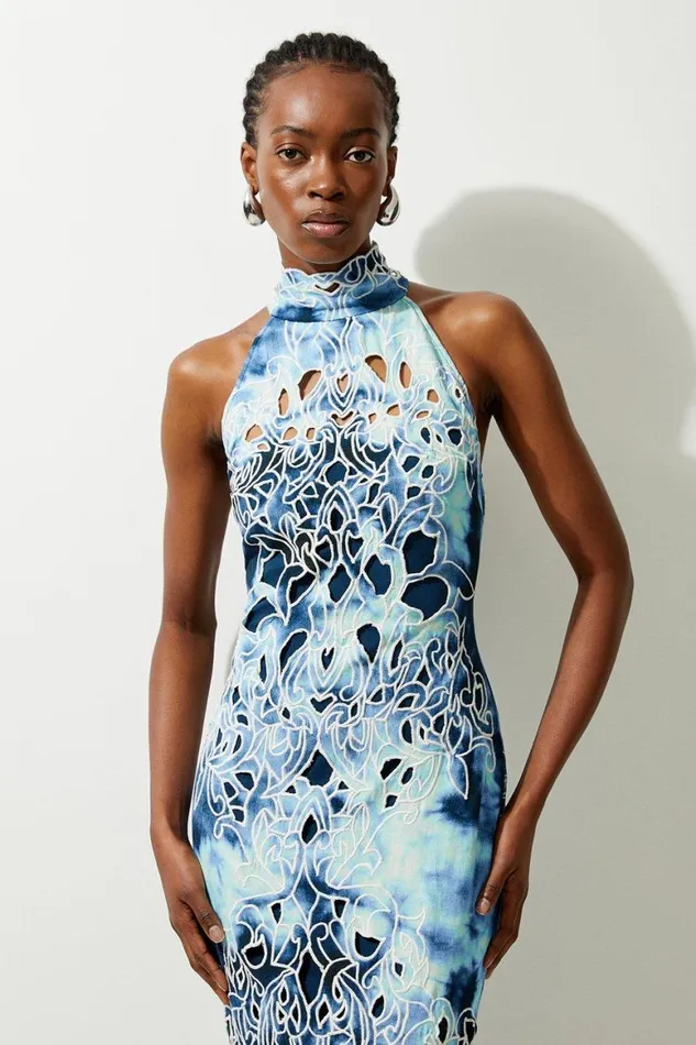 Dresses Women Karen Millen Tie Dye Cutwork Twill Woven Halter Midi Blue