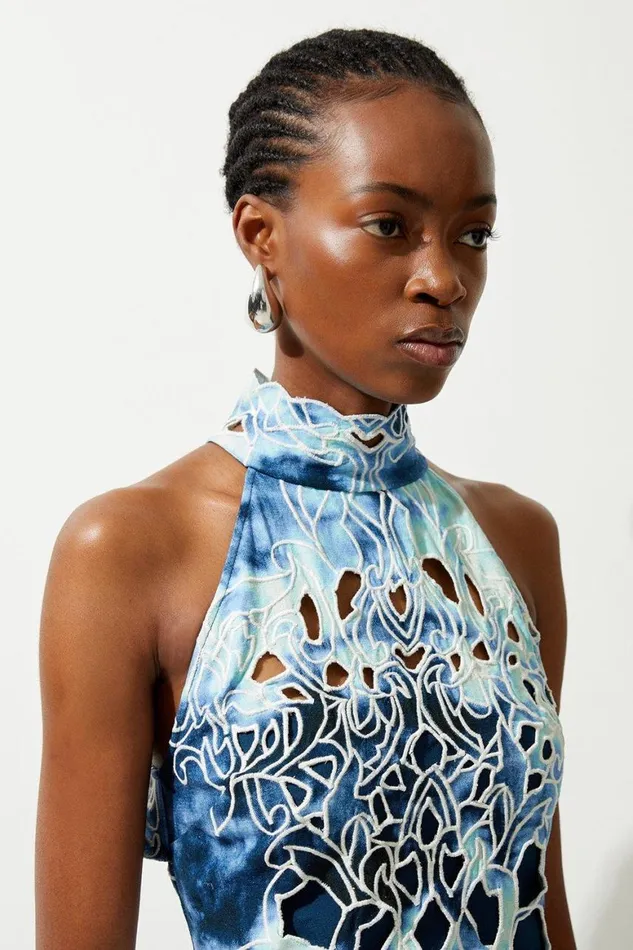 Dresses Women Karen Millen Tie Dye Cutwork Twill Woven Halter Midi Blue