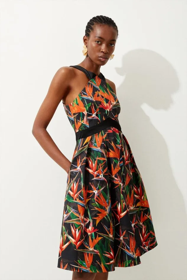Dresses Women Karen Millen Tropical Lily Print Cotton Sateen Halter Midi Dress Multi