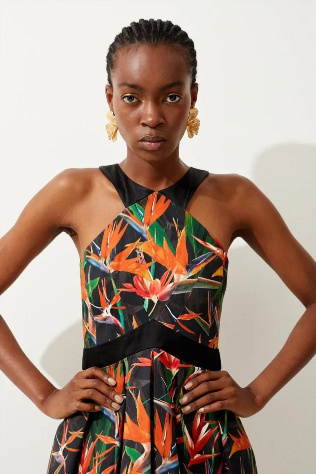 Dresses Women Karen Millen Tropical Lily Print Cotton Sateen Halter Midi Dress Multi