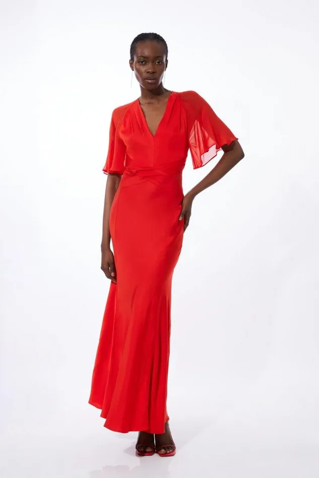 Dresses Women Karen Millen Twist Front Satin And Georgette Mix Woven Maxi Dress Red