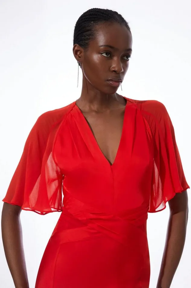 Dresses Women Karen Millen Twist Front Satin And Georgette Mix Woven Maxi Dress Red