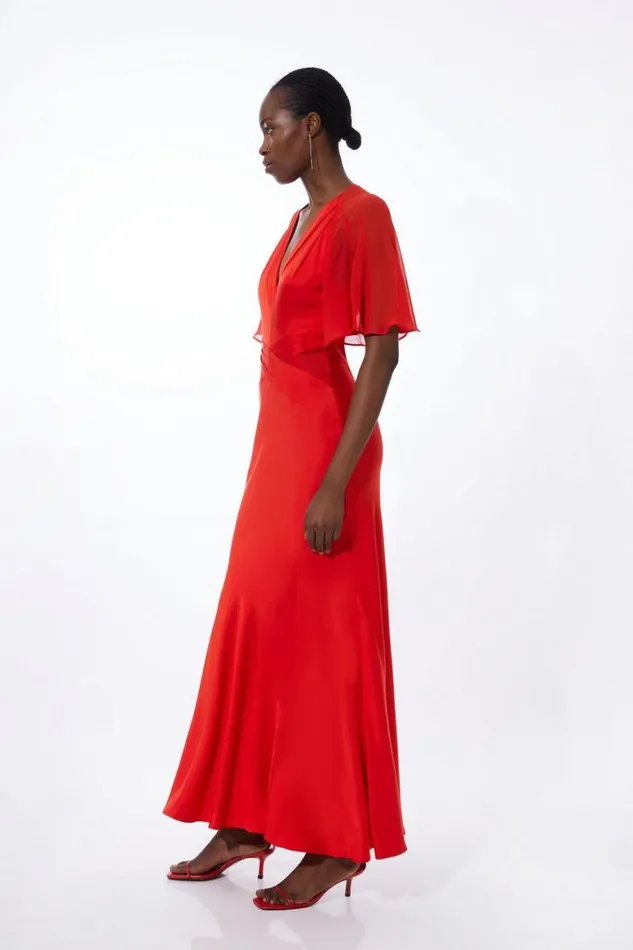 Dresses Women Karen Millen Twist Front Satin And Georgette Mix Woven Maxi Dress Red