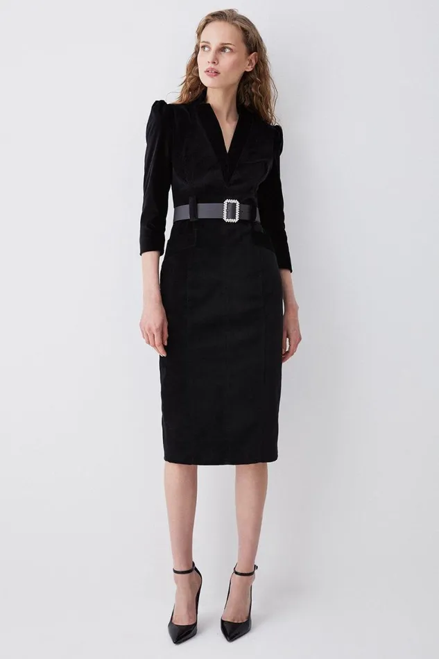Dresses Women Karen Millen Velvet Forever Diamante Belted Pencil Midi Dress Black