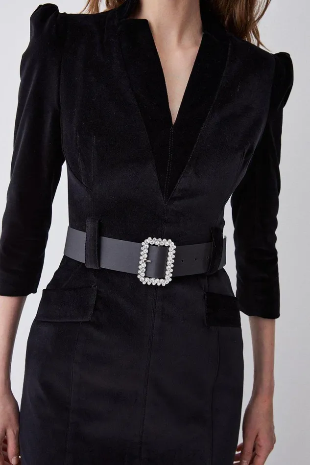Dresses Women Karen Millen Velvet Forever Diamante Belted Pencil Midi Dress Black
