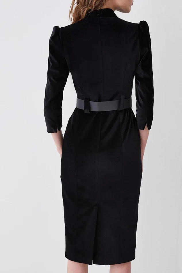 Dresses Women Karen Millen Velvet Forever Diamante Belted Pencil Midi Dress Black