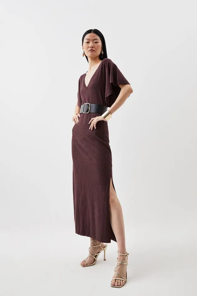Dresses Women Karen Millen Viscose Blend Angel Sleeve Belted Knit Maxi Dress Chocolate