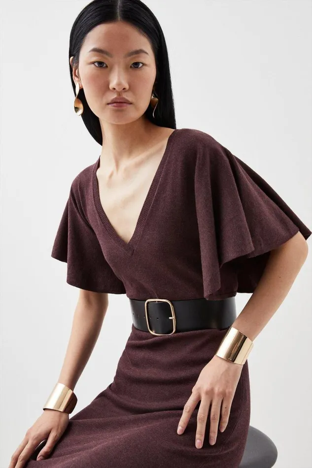 Dresses Women Karen Millen Viscose Blend Angel Sleeve Belted Knit Maxi Dress Chocolate