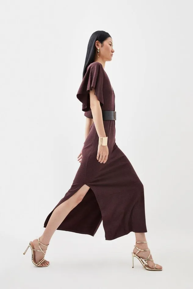 Dresses Women Karen Millen Viscose Blend Angel Sleeve Belted Knit Maxi Dress Chocolate