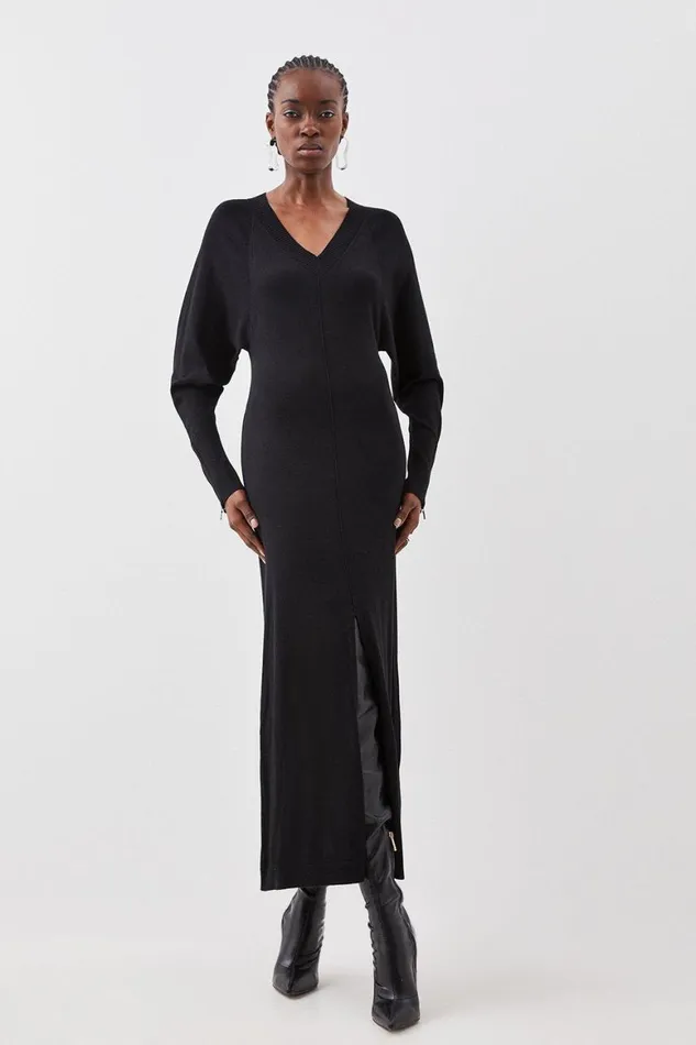 Dresses Women Karen Millen Viscose Blend Batwing Knitted Column Maxi Dress Black