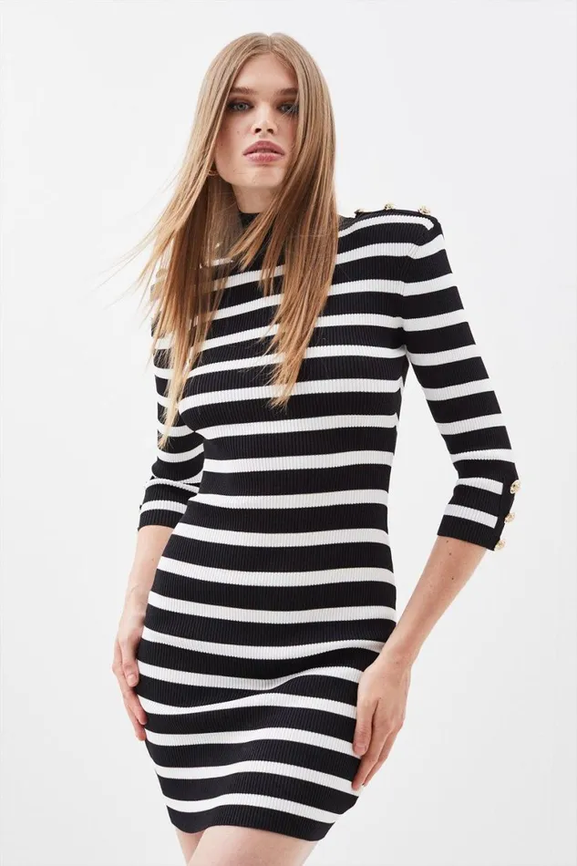 Dresses Women Karen Millen Viscose Blend Rib Knit Military Stripe Mini Dress Stripe