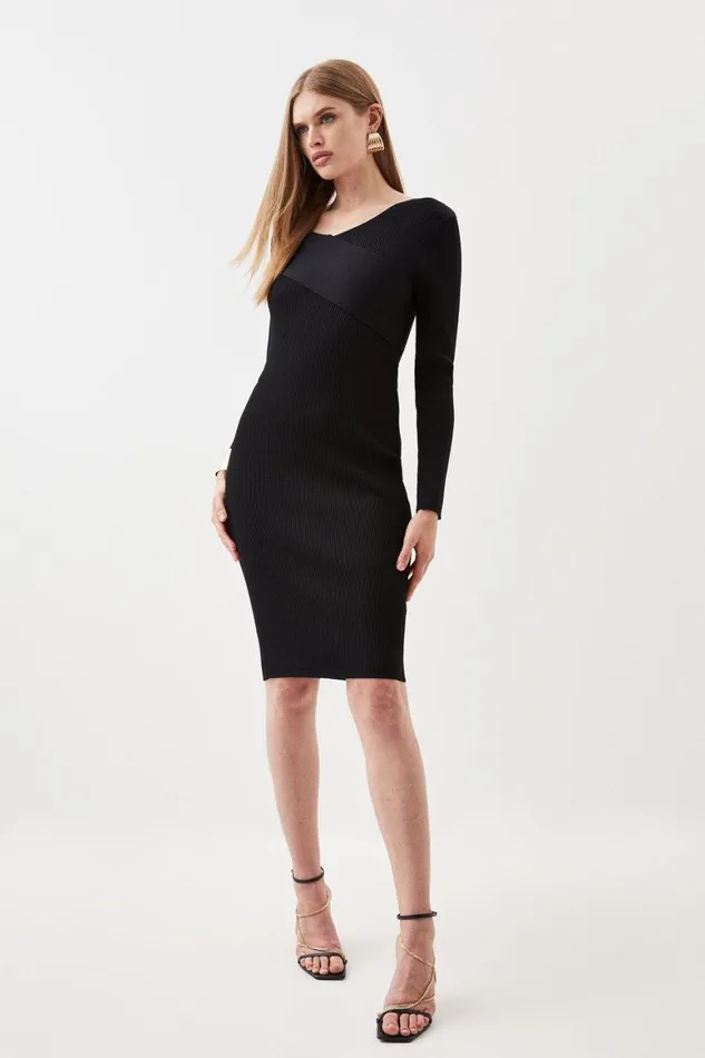 Dresses Women Karen Millen Viscose Blend Rib Knitted Wrap Front Mini Dress Black