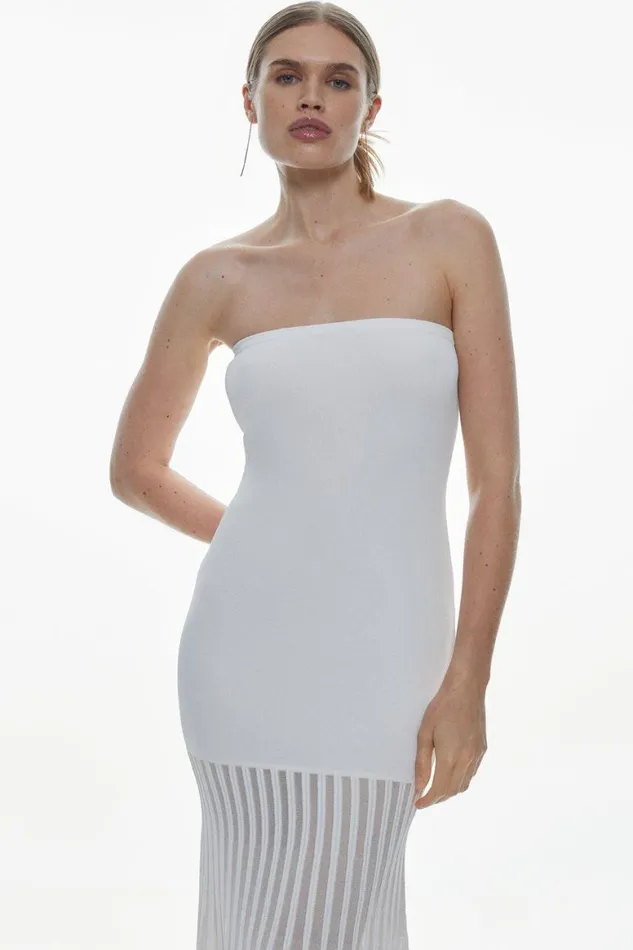 Dresses Women Karen Millen Viscose Blend Sheer Knit Bandeau Pleated Skirt Midaxi Dress Cream