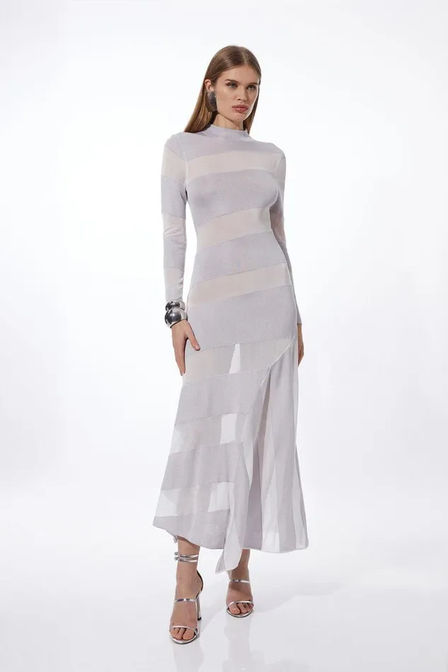 Dresses Women Karen Millen Viscose Blend Slinky Knit Panelled Maxi Dress Neutral