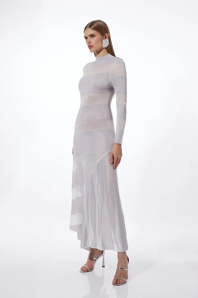 Dresses Women Karen Millen Viscose Blend Slinky Knit Panelled Maxi Dress Neutral