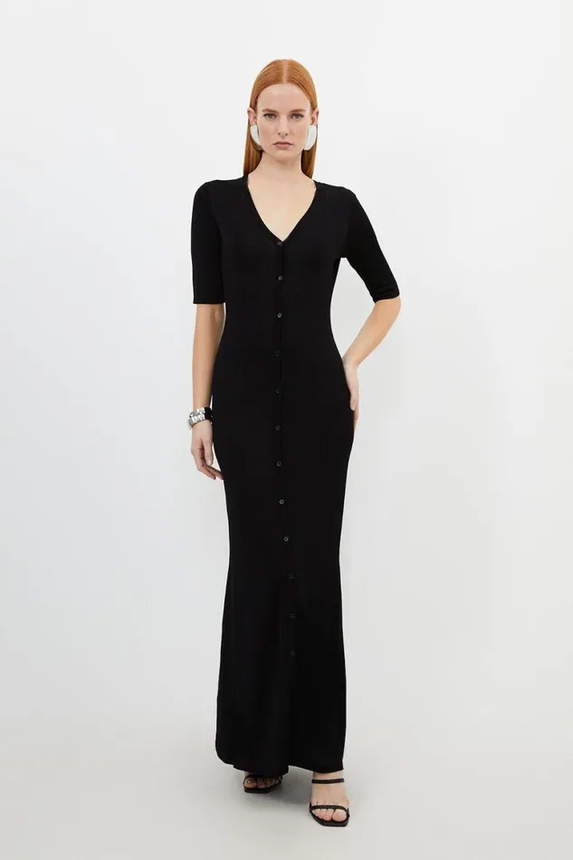 Dresses Women Karen Millen Viscose Blend Slinky Sheer Knit Button Front Midaxi Dress Black Dresses Women Karen Millen Viscose Blend Slinky Sheer Knit Button Front Midaxi Dress Black
