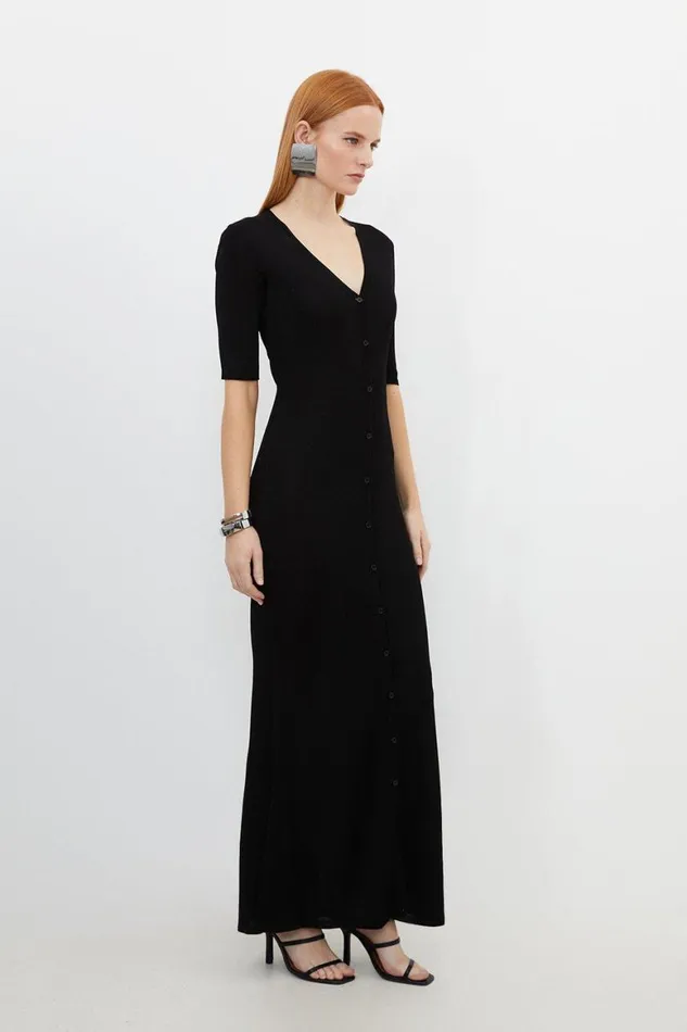 Dresses Women Karen Millen Viscose Blend Slinky Sheer Knit Button Front Midaxi Dress Black