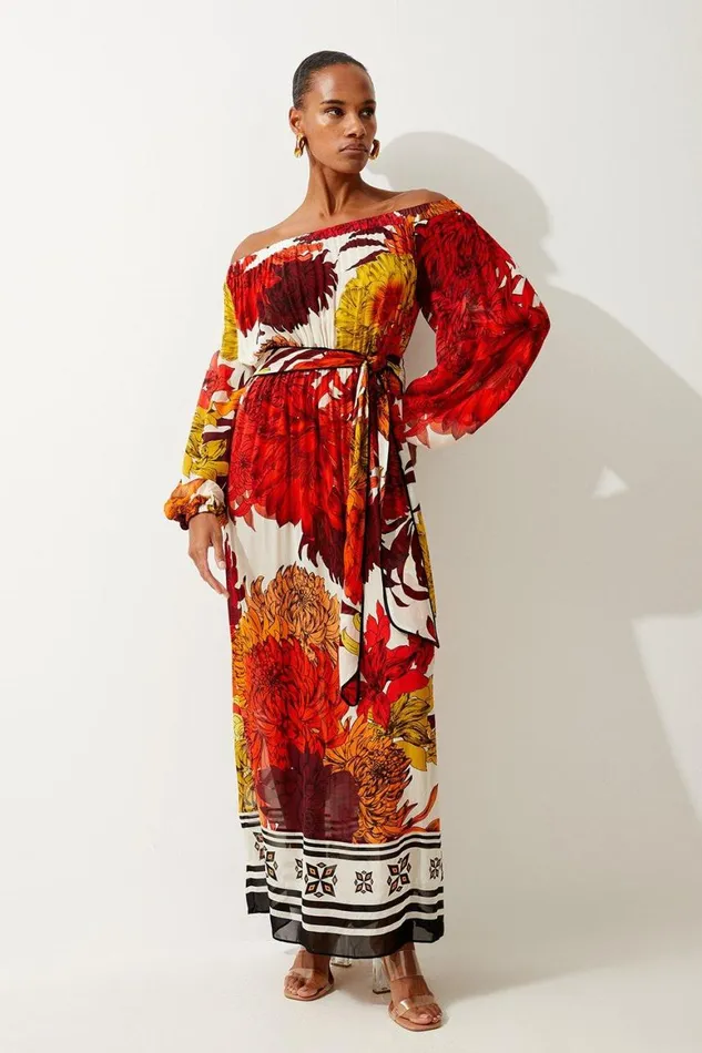 Dresses Women Karen Millen Viscose Georgette Border Print Maxi Beach Dress Orange