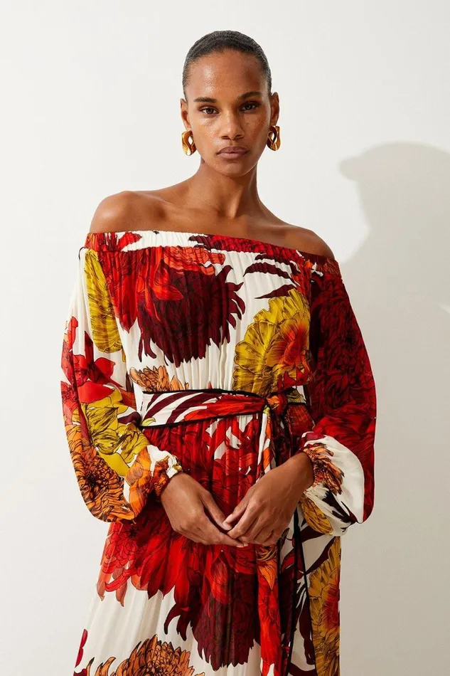 Dresses Women Karen Millen Viscose Georgette Border Print Maxi Beach Dress Orange